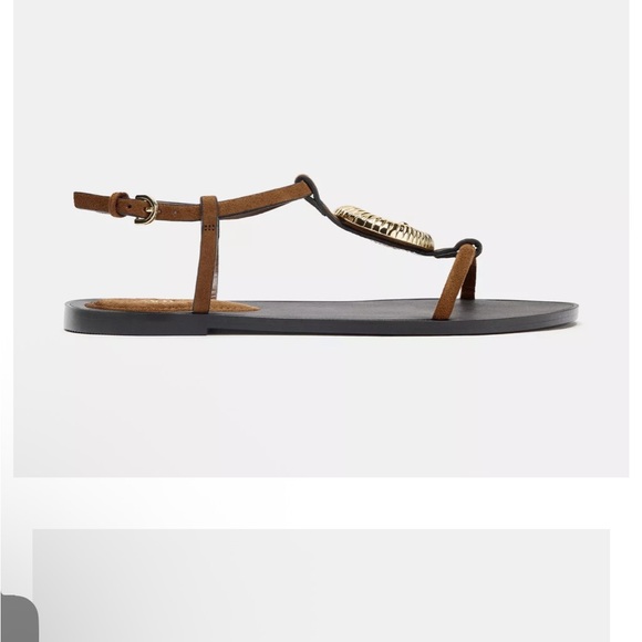 Zara NWT gold seashell appliqué detail buckle summer brown sandals - Picture 5 of 7